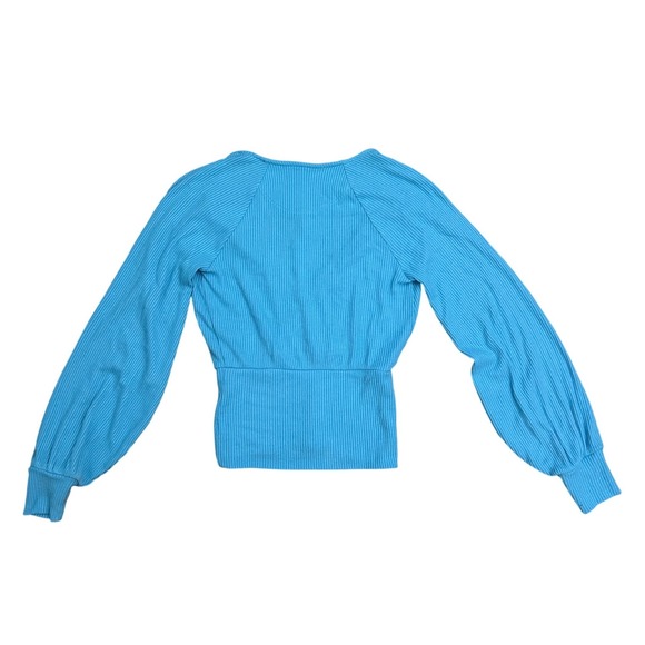 Anthropologie light blue Ribbed Wrap Top Long Sleeve Balloon Cuff Blue XS NEW - Picture 3 of 6